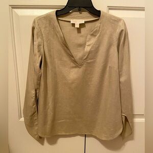 Michael Kors linen blend blouse 3/4 tie sleeves size xs neutral tan like new